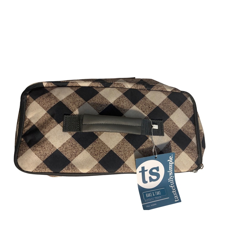 Tastefully Simple Bake & Take Insulated Carrier Buffalo Check Tan Black NWT